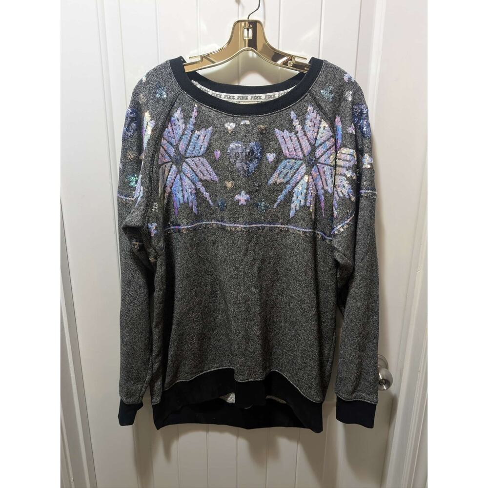 Victoria Secret PINK Sz S Sequin Snowflake Oversized Christmas Sweater Fair Isle